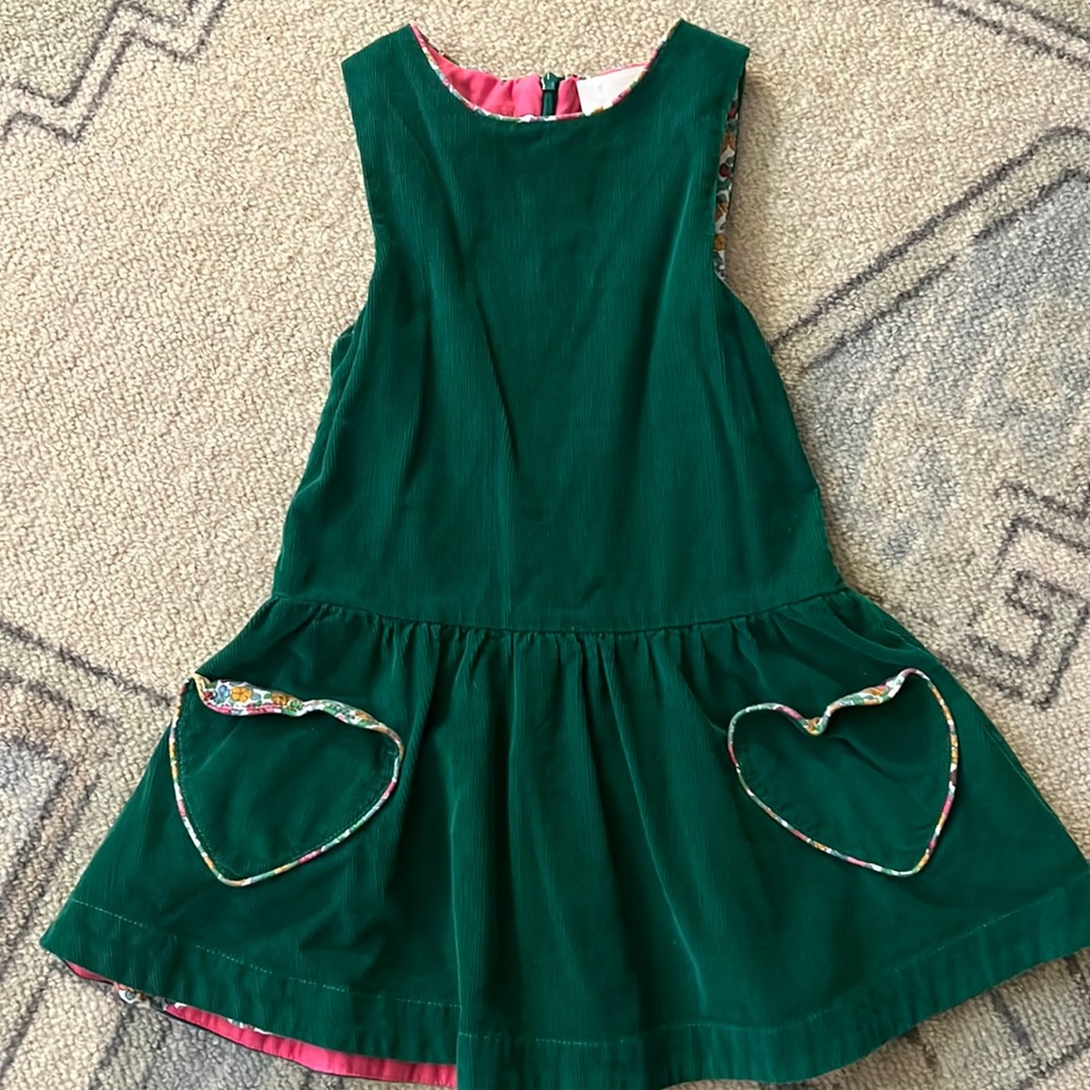 Mini Boden size 5-6years, green corduroy pinafore dress with heart pockets